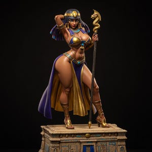 May include: A detailed figurine of a woman in a gold and blue Egyptian-inspired outfit, holding a staff with a serpent head. The figure stands on a decorative base with hieroglyphs, set against a black background.