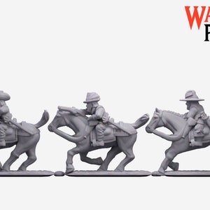 May include: Three gray plastic miniature figures of cavalrymen riding horses, all facing the right side of the image. The figures are posed in a running position. The figures are on a white background with the text "WAR PRINTER" in red and black at the top of the image.