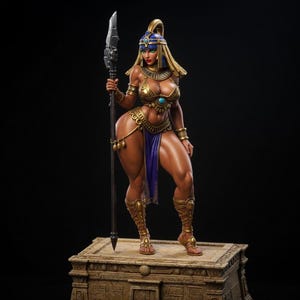 May include: A detailed figurine of a woman in ancient Egyptian attire, holding a spear. The figure is adorned in gold and blue accents, with intricate detailing on the headdress, jewelry, and clothing. The figurine stands on a stone pedestal against a black background.