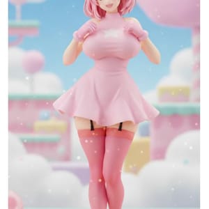 Può includere: Statuetta rosa in stile anime di un personaggio femminile con un vestito rosa, guanti e calze alte fino alla coscia. La figura ha i capelli rosa e gli occhi blu. Il testo "SUPER SMASH BAE" è in basso.