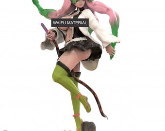 May include: A pink and green haired anime character figurine with a white and black outfit, holding a sword and standing on a black rock base. The figurine has the text "WAIFU MATERIAL" on the chest.