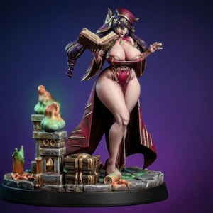 May include: A detailed figurine of a fantasy character in a red and gold outfit, holding a book. The figure stands on a stone base with decorative elements and glowing orbs. The overall theme is fantasy.