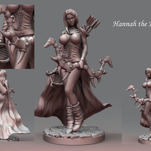 May include: A 3D-printed figurine of a woman, "Hannah the Harpist", in a fantasy outfit. She holds a bow with a harp-like design and wears a corset, boots, and a flowing cape. The figure is on a stone-like base.