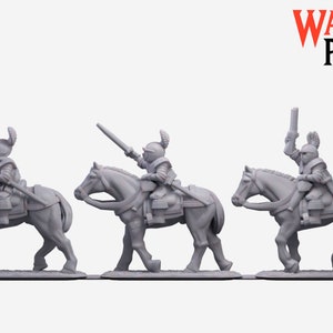 May include: Three gray plastic miniature figures of mounted knights, each riding a horse and holding a sword or spear. The figures are posed in different positions, with one knight raising his sword in the air. The figures are all wearing helmets and armor.