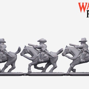 May include: Three gray plastic miniature figures of cavalry soldiers riding horses, all facing the right side of the image. The soldiers are wearing hats and holding rifles. The horses are in a running pose. The figures are on a gray base.