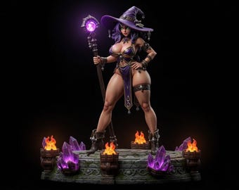 May include: A detailed figurine of a witch in a purple outfit and hat, holding a staff with a glowing orb. The figure stands on a stone base with flames and purple crystals. The witch is in a confident pose.