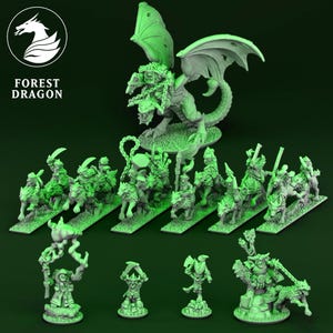 May include: A collection of green fantasy miniatures, including a multi-headed dragon with a rider, mounted figures on wolves, and various standing characters. The Forest Dragon logo is in the upper left corner.