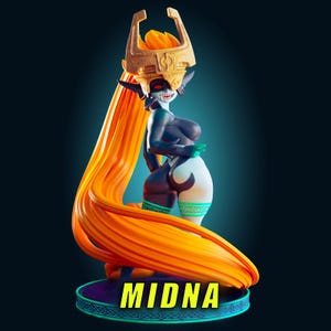 May include: A detailed figurine of Midna, a character from The Legend of Zelda. The figure features a dark blue and white color scheme with orange hair and a golden headpiece. The base of the figure has the name "MIDNA" in yellow text.