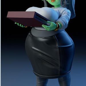 May include: A green-skinned, female goblin character with long black hair, wearing glasses, a white shirt, a black skirt, and black boots. She is holding a brown folder in her hands.