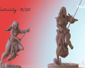 Könnte beinhalten: Zwei beige Figuren einer Kriegerin mit Schwert und Speer. Der Text "Lethality - 91/100" und "Hashi-" sind sichtbar. Die Figuren sind mit "Femme Fatale" beschriftet.