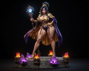 May include: A fantasy figurine of a female mage in gold and purple attire, holding a glowing staff. The figure stands on a stone base with flames and crystals. The mage has dark hair and is in a dynamic pose.