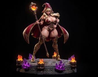 May include: A fantasy figurine of a female mage with blonde hair, wearing a burgundy outfit and a pointed hat. She holds a staff with an orange orb. The figurine stands on a stone base with purple crystals and small flames.