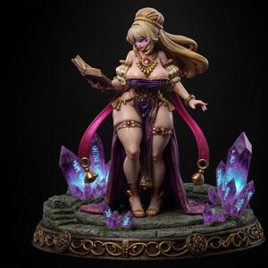 May include: A detailed figurine of a fantasy character, holding a book and adorned in purple and gold attire. The figure stands on a base with glowing purple crystals. The overall design is intricate and detailed, with a focus on fantasy themes.