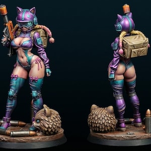 Peut inclure: Figurine détaillée d'un personnage féminin dans une tenue futuriste sur le thème du chat, tenant une arme. La figurine est dans les tons de violet, sarcelle et rose, avec un sac à dos et une tête en forme de chat. La base comprend des balles et une sculpture en forme de chat.