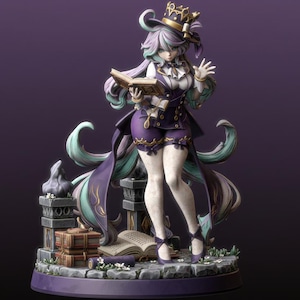 May include: A detailed figurine of a female character in a purple and white outfit, holding a book. The figure has long, flowing hair and is standing on a decorative base with books and flowers. The color palette includes purple, white, gold, and teal.