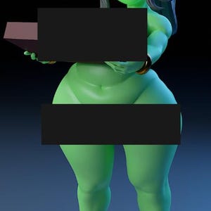 Puede incluir: Una criatura femenina de fantas&iacute;a de piel verde, con orejas grandes, cabello negro y gafas. Lleva botas negras y sostiene una caja marr&oacute;n.