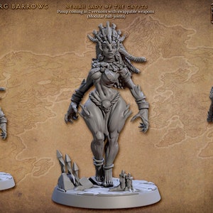 May include: A grey, detailed miniature figurine of a female creature with long, braided hair, sharp claws, and a fierce expression. The figurine is posed standing on a circular base with a textured surface. The figurine is part of a set of miniatures called "Horrors of Rodburg Barrows".