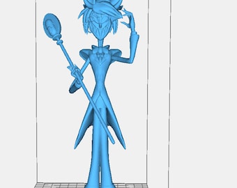May include: A blue 3D printed figurine of a cartoon character with horns, a top hat, and a cane. The character is wearing a suit and has a mischievous expression.