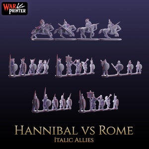 May include: A set of 3D printed plastic miniatures depicting ancient Roman and Italic soldiers. The miniatures are painted in shades of grey and pink. The miniatures are arranged in rows on a white base. The text "HANNIBAL VS ROME ITALIC ALLIES" is printed below the miniatures.