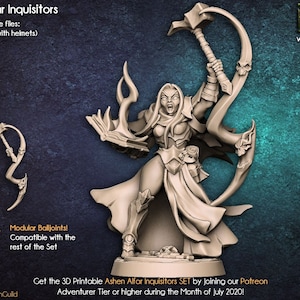 May include: A 3D printed miniature of a female warrior with a hammer and a book. The miniature is painted in a light gray color and is standing on a round base. The miniature is part of a set of 6 modular Ashen Alfar Inquisitors.