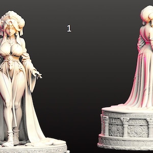 May include: A white statue of a woman in a flowing gown, holding a polearm. The figure stands on a round, ornate base. The statue has detailed facial features and is set against a dark background.