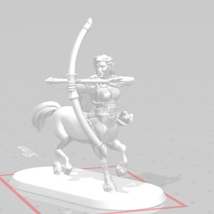 May include: White painted figurine of a female centaur archer, holding a bow and arrow, standing on a white oval base.