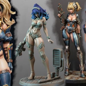 May include: Four detailed figurines of female characters in futuristic attire, each holding a weapon. The figures have distinct hairstyles and colour schemes, including blonde, blue, and rainbow-coloured hair. They are posed in dynamic stances, showcasing their outfits and accessories.