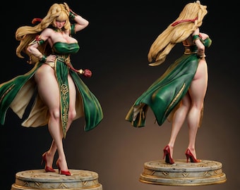 May include: A detailed figurine of a woman in a flowing green dress with gold accents and red heels. The figure has long blonde hair and is posed on a decorative base. The image shows the figure from two different angles.