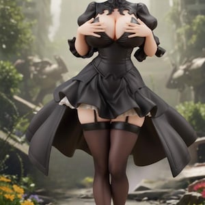 May include: A detailed figurine of a character with short silver hair, a black blindfold, and a black dress. The figure is standing on a circular base with the text "SUPER SMASH BAE". The background shows a post-apocalyptic setting.