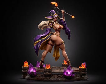 May include: A fantasy figurine of a female mage in a purple and gold outfit, holding a staff with a glowing orange tip. The figure stands on a platform with flames and crystals, set against a dark background.