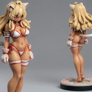 May include: A figurine of a female anime character with blonde hair, cat ears, and a tail. She wears a white and red bikini, wrist cuffs, and thigh highs. The figure is posed in front of a gray background, with a second view of the figure from the back.
