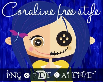 Könnte beinhalten: Eine Cartoon-Illustration von Coraline, einem jungen Mädchen mit blauen Haaren, das einen gelben Regenmantel trägt und eine lila Tasche hält. Eine Seite ihres Gesichts ist normal, während die andere Seite mit einem Knopfauge genäht ist. Der Text "Coraline free style" befindet sich oben im Bild, und der Text "PNG PDF AI FILE" befindet sich unten.