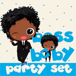 Puede incluir: Dos ilustraciones de dibujos animados de un bebé varón con un esmoquin negro. La ilustración más grande está guiñando un ojo y la ilustración más pequeña está sosteniendo una letra azul "B". El texto "Boss Baby Party Set" está escrito en letras blancas sobre un fondo azul.