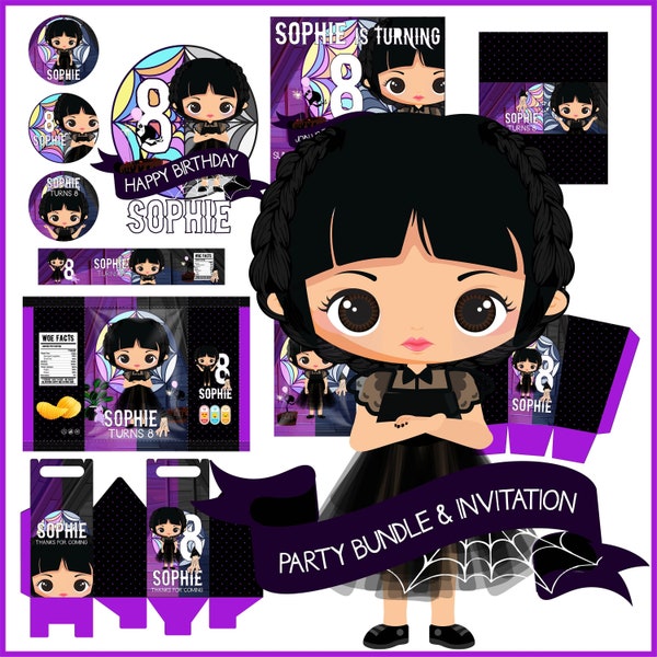 Wednesday  Addams Merlina Party full Decoration + Invitation PDF PPTX Editable Chips Bag, Favor Bag, 3in circle, Banner, png images, Wrapps