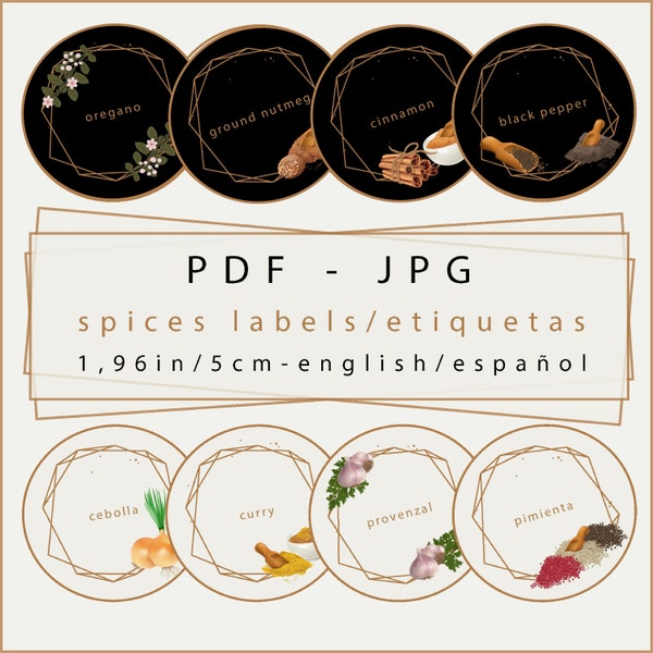 Spices Label PDF+ SVG+JPG 48 list English & Spanish 2 A4 sheet Digital File Instant Download