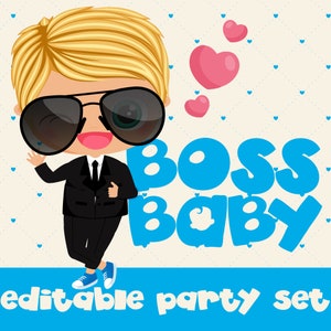 Puede incluir: Una ilustración de dibujos animados de un bebé varón con un traje negro y gafas de sol. El texto "Boss Baby" está escrito en letras azules sobre un fondo beige con pequeños corazones azules.