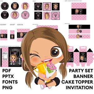Puede incluir: Un conjunto de fiesta imprimible digital con una niña de dibujos animados sosteniendo un trofeo y flores. El conjunto incluye una pancarta, un adorno para pastel y una invitación. El diseño presenta lunares rosas y negros con el texto "ALEXIA" y "MIAMI 205".