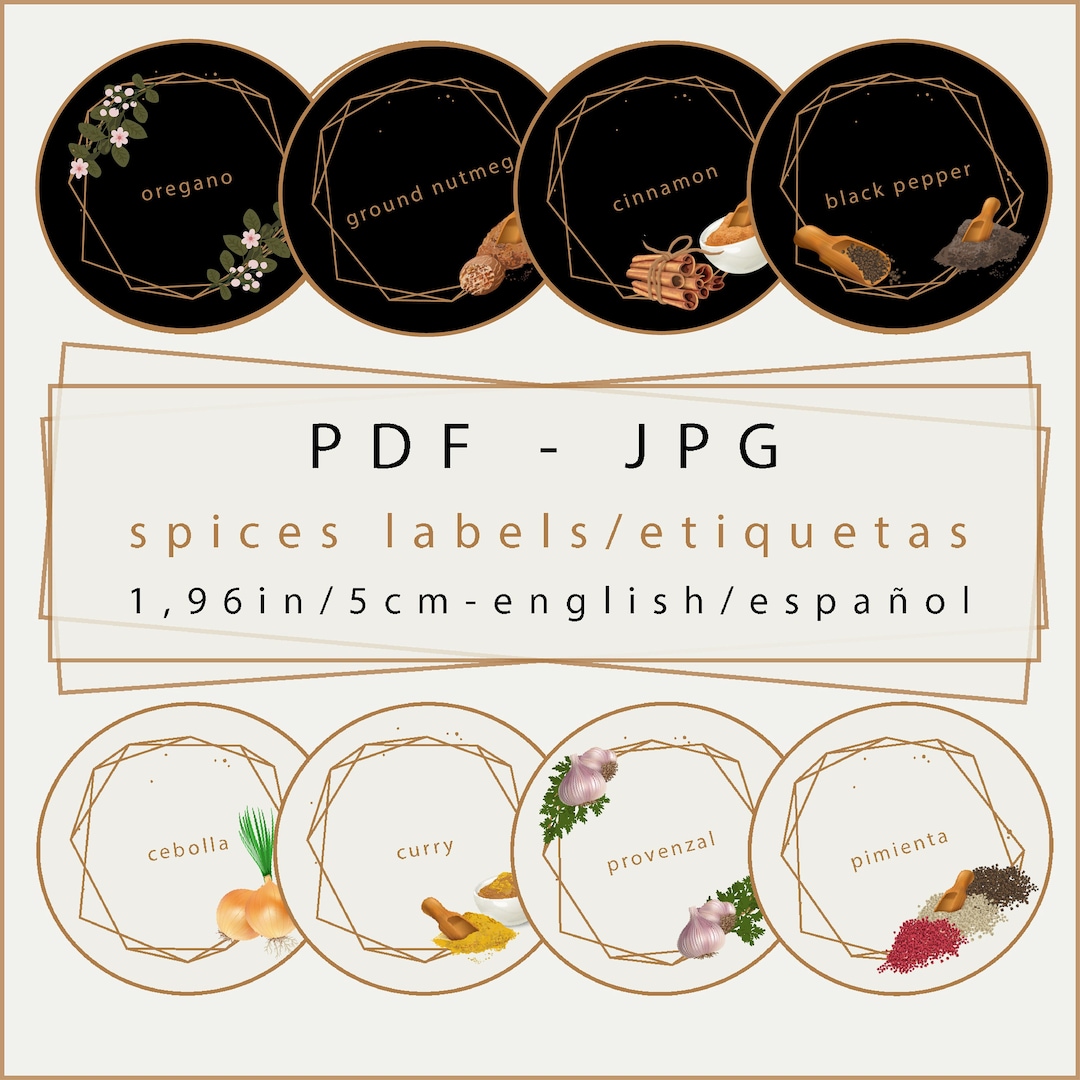 Spices Label PDF+ SVG+JPG 48 List English & Spanish 2 A4 Sheet Digital ...
