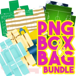 Könnte beinhalten: Ein digitales Download-Paket mit druckbaren Schachtel- und Beutelvorlagen. Das Bild zeigt verschiedene Schachtel- und Beuteldesigns, darunter eine gestreifte Schachtel, eine grüne Schachtel mit weißen Linien, eine blaue und weiße Schachtel und eine grüne und weiße Tasche. Der Text "PNG BOX & BAG BUNDLE" ist in pinken Buchstaben auf gelbem Hintergrund.