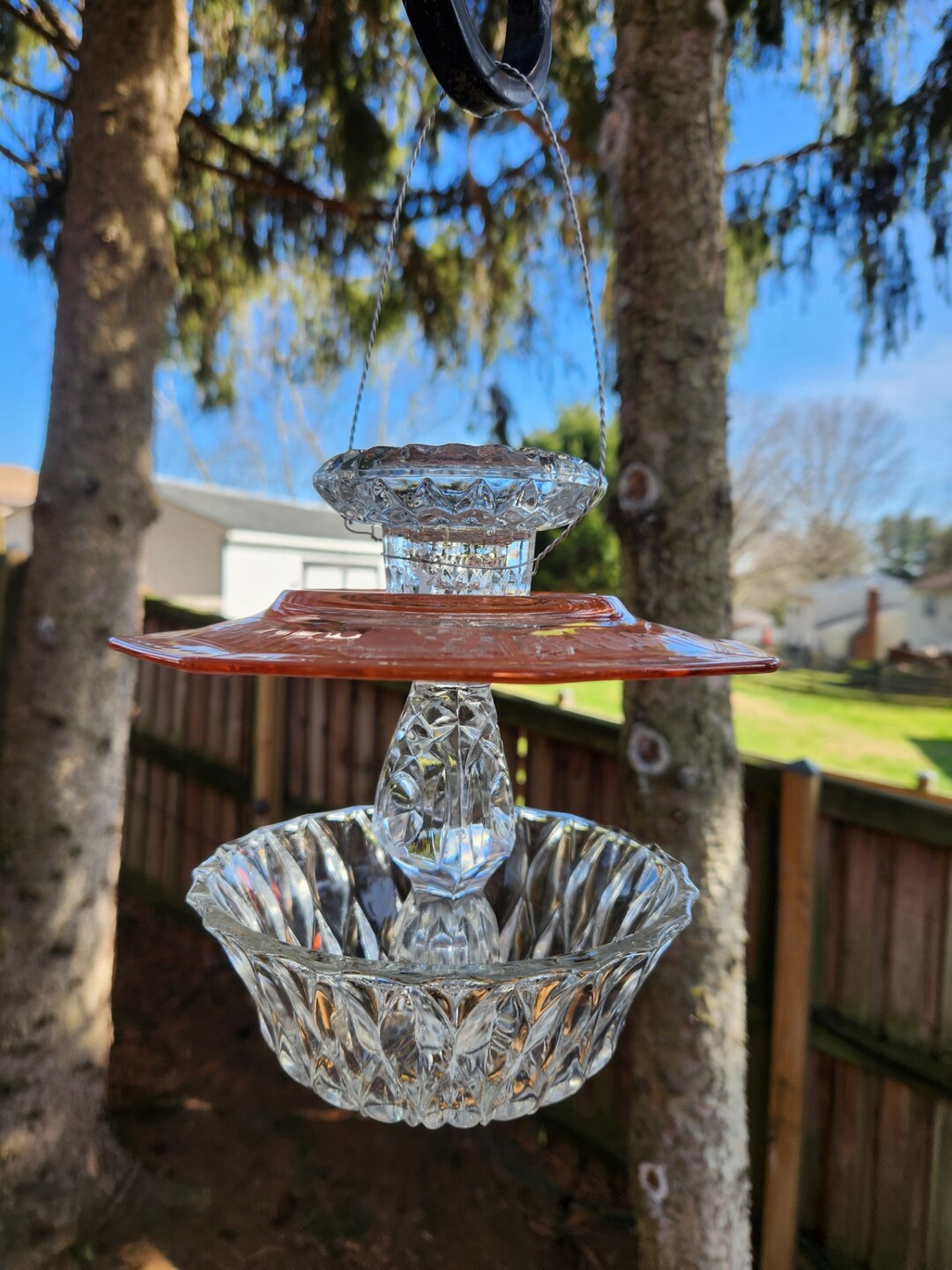 Vintage Glass Bird Feeder Depression Glass Bird Feeder Etched Etsy