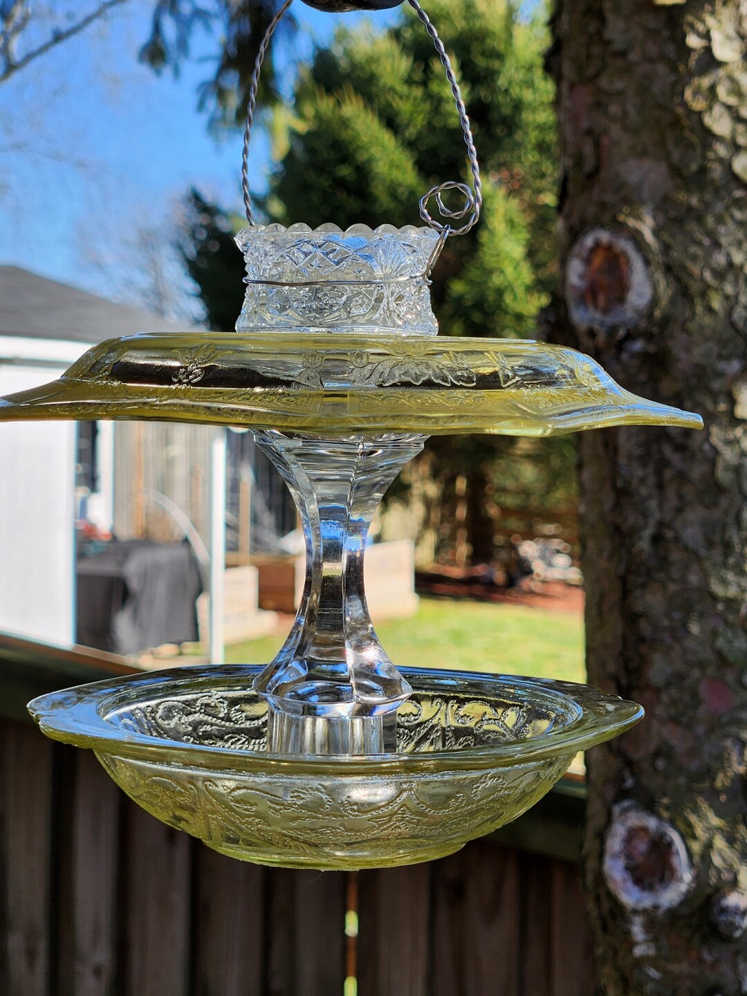 Vintage Glass Bird Feeder Depression Glass Bird Feeder Topaz Etsy