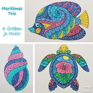 May include: Three colorful embroidery designs featuring a fish, a turtle, and a seashell. The designs are intricate and detailed, with a variety of colors and patterns. The text "Maritimes Trio" and "3 Größen je Motiv" is visible in the image.