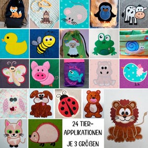 Può includere: Un collage di 24 applicazioni di animali ricamate colorate, ognuna in tre dimensioni. Le applicazioni includono una varietà di animali come un gatto, un cane, un maiale, un topo, un'ape, una coccinella, un pesce, un ippopotamo, un uccello, una rana, una lumaca, una mucca, un pinguino e un leone. Il testo "24 TIER-APPLIKATIONEN JE 3 GRÖßEN" è in fondo al collage.
