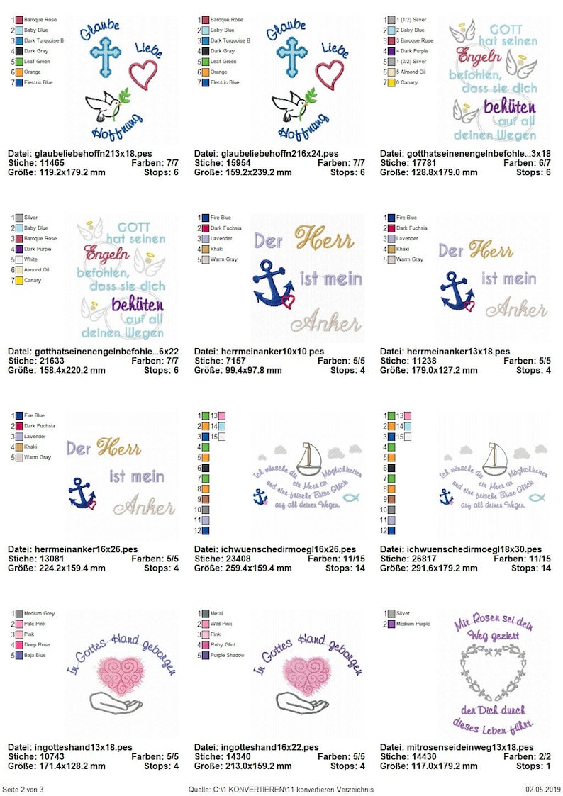 Peut inclure: Un ensemble de 10 motifs de broderie sur des th&egrave;mes religieux et nautiques. Les motifs comprennent une croix avec une colombe, une ancre avec un c&oelig;ur et une main tenant un c&oelig;ur. Les motifs sont disponibles en plusieurs tailles et couleurs.