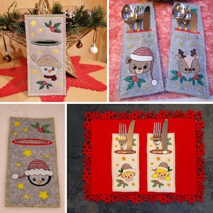ITH embroidery file set cutlery bags – Christmas Faces with snowman, elf, deer & Co.