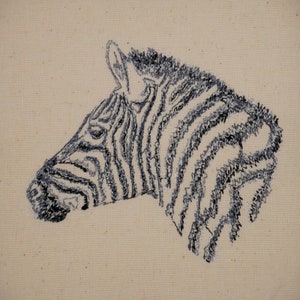 Könnte beinhalten: Eine Schwarzweiß-Zeichnung eines Zebra-Kopfes, wobei die Zebrastreifen detailliert gezeichnet sind.