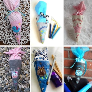 Peut inclure: Six cônes d'école différents, chacun avec un design et un thème différents. Les cônes sont en tissu et présentent une variété de couleurs et de motifs. Certains cônes ont des motifs brodés, comme un oiseau, un hibou, une licorne et une étoile. Les cônes sont remplis de fournitures scolaires, comme des crayons, des crayons de couleur et des gommes.