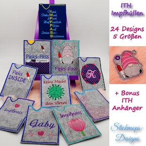 Könnte beinhalten: Eine Sammlung von 24 Stickmustern für Impfpasshüllen mit verschiedenen Motiven wie Gnomen, Herzen und einem Virus. Die Designs sind in 5 Größen erhältlich und beinhalten einen Bonus-ITH-Anhänger.