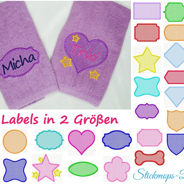 Stickdatei Set Colorful Labels Handtuchmotive als Hintergrund für Namen oder Initialien auf hochflorigen Stoffen