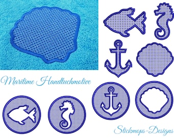 Maritime Handtuchmotive Stickdatei Set mit Muschel, Anker, Fisch und Seepferd für den 10x10 Rahmen